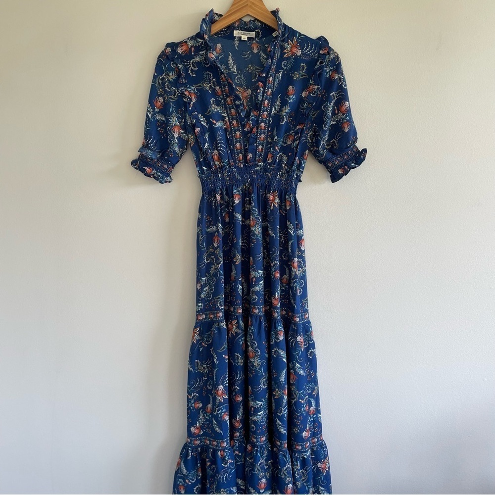 Floral Print Tiered Ruffle Maxi Dress Blue Size XS Prairie Cottagecore